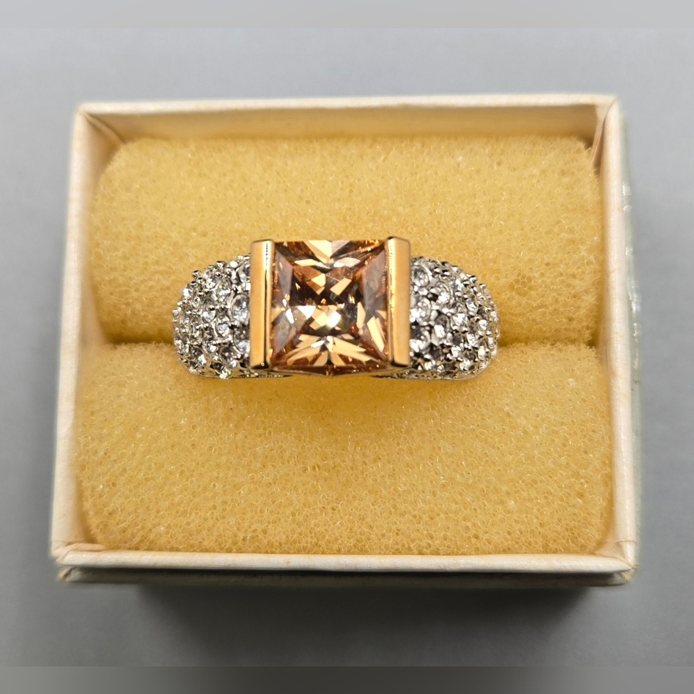 Nolan Miller Tourmaline Ring Lt Orange with Clear Pavé Crystals Sz 8
